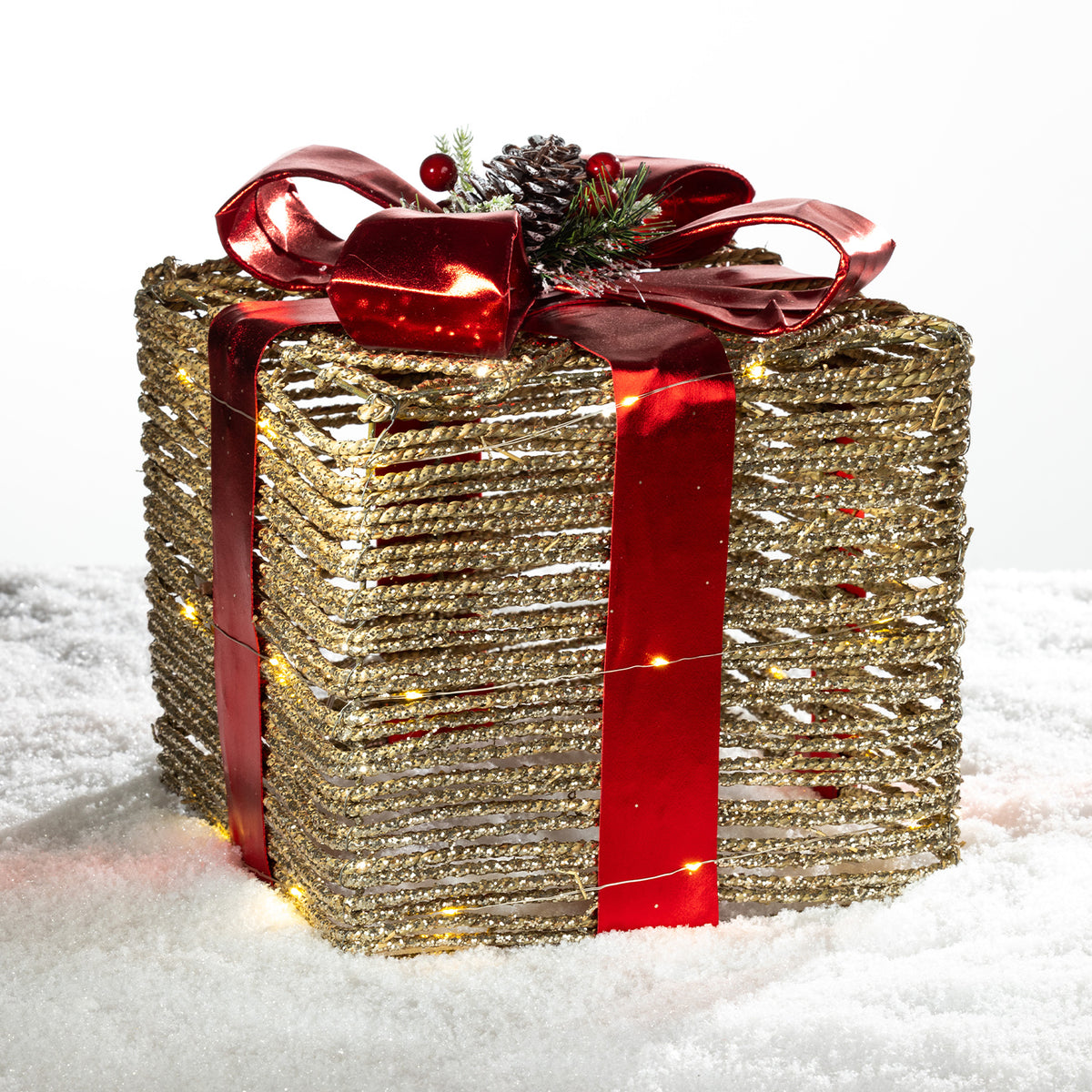 Christmas Wishes Rattan Present Box LED Décor 25cm
