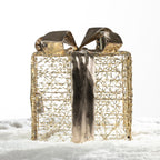 Large Christmas Wishes gold present box LED decoration with an open wire design, metallic bow and warm white lights.