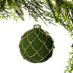 Christmas Wishes Flocked Green Iced Bauble – Green flocked round bauble featuring a layered scalloped pattern outlined with gold glitter and finished with a decorative metal cap.