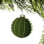 Christmas Wishes Flocked Green Stripe Bauble – Green flocked round bauble featuring vertical panel detailing outlined with gold glitter for a rich, textured Christmas look.