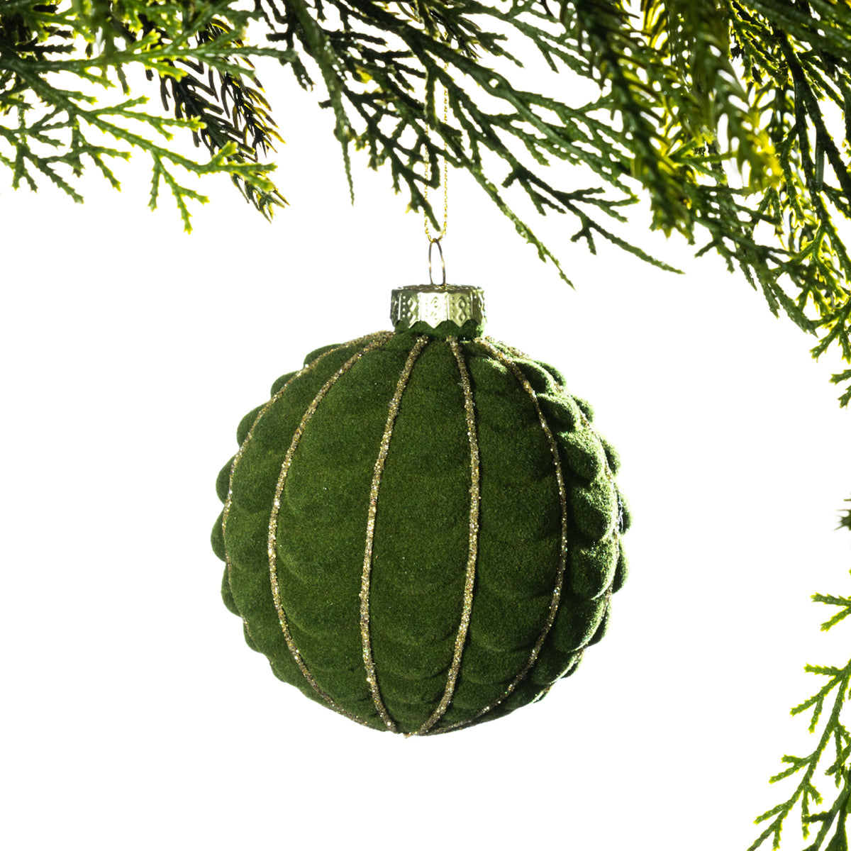 Christmas Wishes Flocked Green Stripe Bauble – Green flocked round bauble featuring vertical panel detailing outlined with gold glitter for a rich, textured Christmas look.