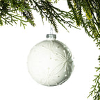 Christmas Wishes White Glitter Flower Bauble – White round Christmas bauble featuring delicate glitter flower motifs across the surface, creating a soft and elegant festive finish.