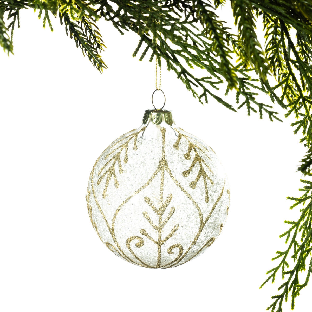 Christmas Wishes Shimmer Champagne Leaf Glass Bauble – Clear glass round bauble featuring a delicate champagne glitter botanical pattern with frosted detailing for an elegant festive finish.