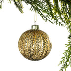 Christmas Wishes Bronze Glitter Glass Bauble – Round glass bauble with a rich bronze and gold-toned finish, featuring textured glitter detailing and vertical ribbed accents for added sparkle and dimension.