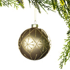 Christmas Wishes Champagne Glitter Bauble – Champagne round bauble decorated with an intricate glitter pattern featuring geometric lines and starburst-inspired motifs for a refined Christmas finish.