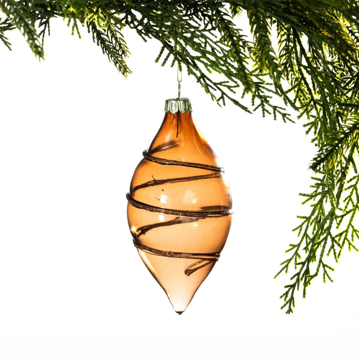 Christmas Wishes Bronze Long Glitter Swirl Bauble – Elegant elongated bronze glass bauble featuring dark glitter swirl detailing wrapped around the surface. Its tapered shape and warm metallic finish bring a sophisticated touch to festive decorating.