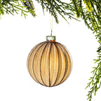 Christmas Wishes Bronze Frosted Glass Bauble – Round bronze-toned glass bauble finished with a frosted glitter surface and fine vertical detailing. The warm shimmer and classic shape make it an elegant addition to a coordinated Christmas tree.