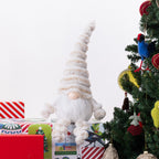 A plush Christmas gnome figurine with a tall hat, white beard, and small peach-colored nose sits on top of wrapped gifts beside a decorated Christmas tree.