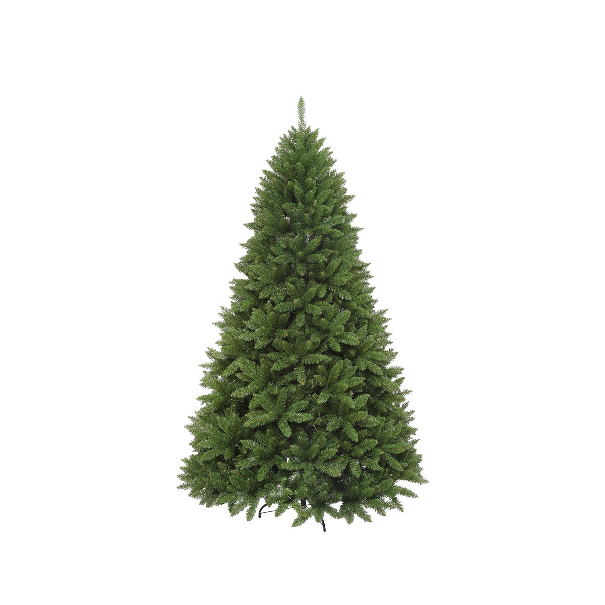 An artificial Christmas tree with dense green needles, photographed against a plain white background.