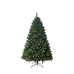 A pre-lit artificial Christmas tree with green needles and warm white lights, standing on a black metal stand against a plain white background.