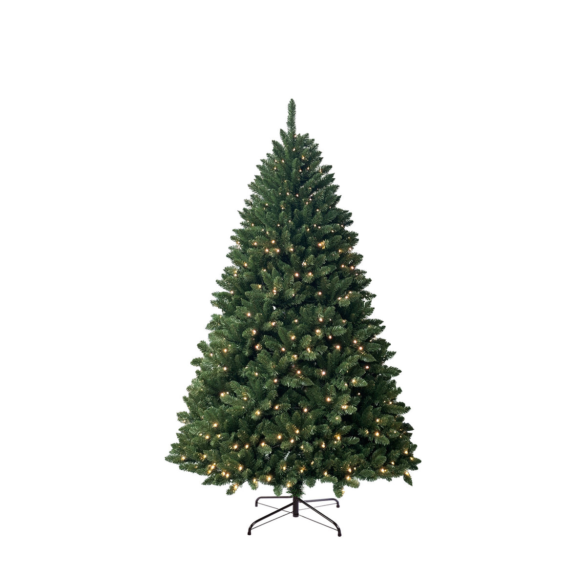 A pre-lit artificial Christmas tree with green needles and warm white lights, standing on a black metal stand against a plain white background.