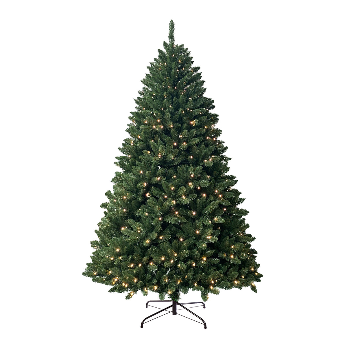 A pre-lit artificial Christmas tree with green needles and warm white lights, standing on a black metal stand against a plain white background.