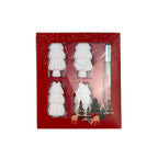 A boxed Apple Cinnamon hanging tree diffuser set featuring four white Christmas tree ornaments and a coordinating fragrance spray.