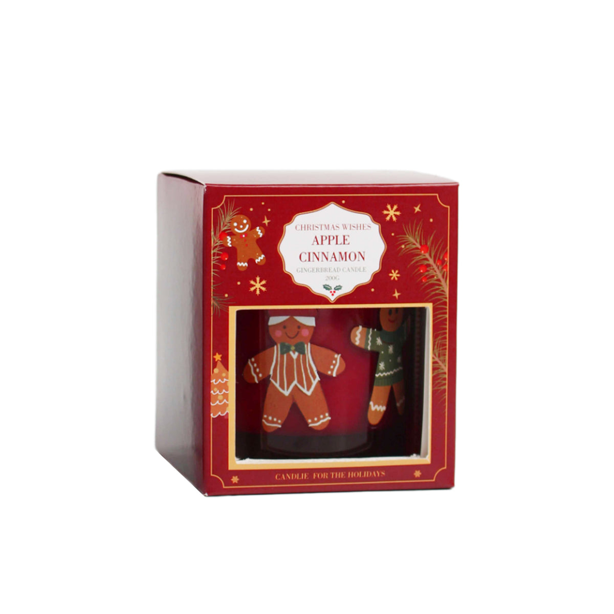 A boxed Apple Cinnamon gingerbread candle featuring festive red packaging and a coordinating red glass vessel decorated with charming gingerbread characters.