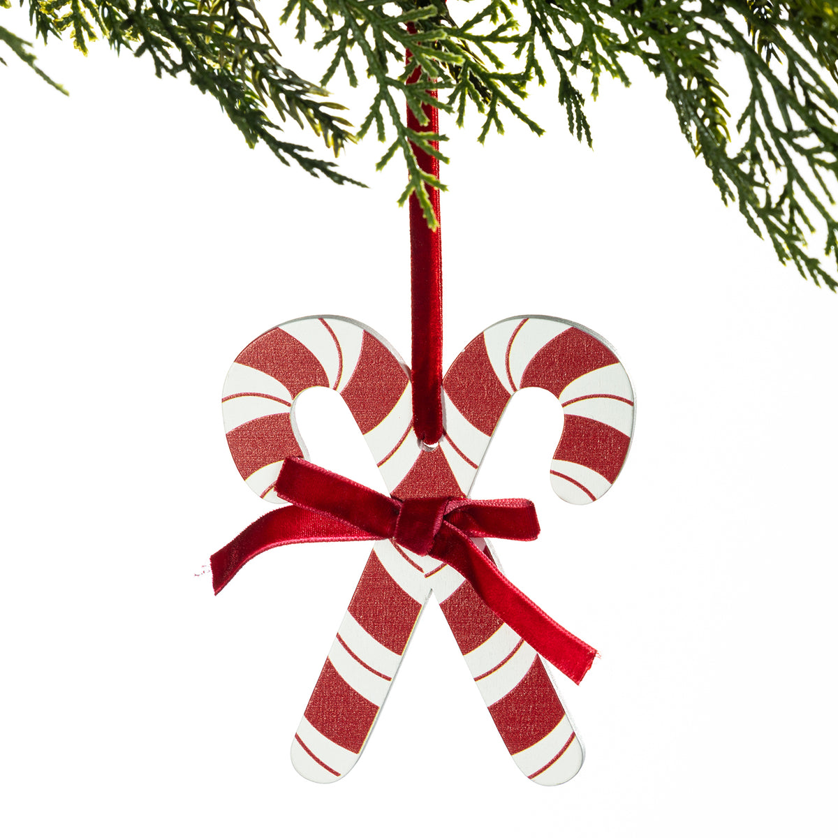 A Christmas ornament shaped like two candy canes crossed at the bottom, with a red ribbon bow at the center and a red hanging loop. The ornament is shown against a white background with pine branches at the top.