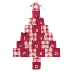Christmas Wishes Christmas Tree Pocket Advent Calendar Red – Red and plaid Christmas tree-shaped advent calendar featuring 24 numbered pockets, a star-shaped top and hanging loop on a white background.