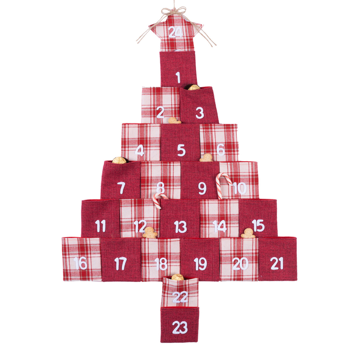 Christmas Wishes Christmas Tree Pocket Advent Calendar Red – Red and plaid Christmas tree-shaped advent calendar featuring 24 numbered pockets, a star-shaped top and hanging loop on a white background.