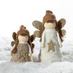 Christmas Wishes Angel Décor Fluffy Dress Small & Large – Coordinating small beige and large white angel decorations with fluffy dresses, brown knitted hats, braided hair, gold glitter wings and star details.