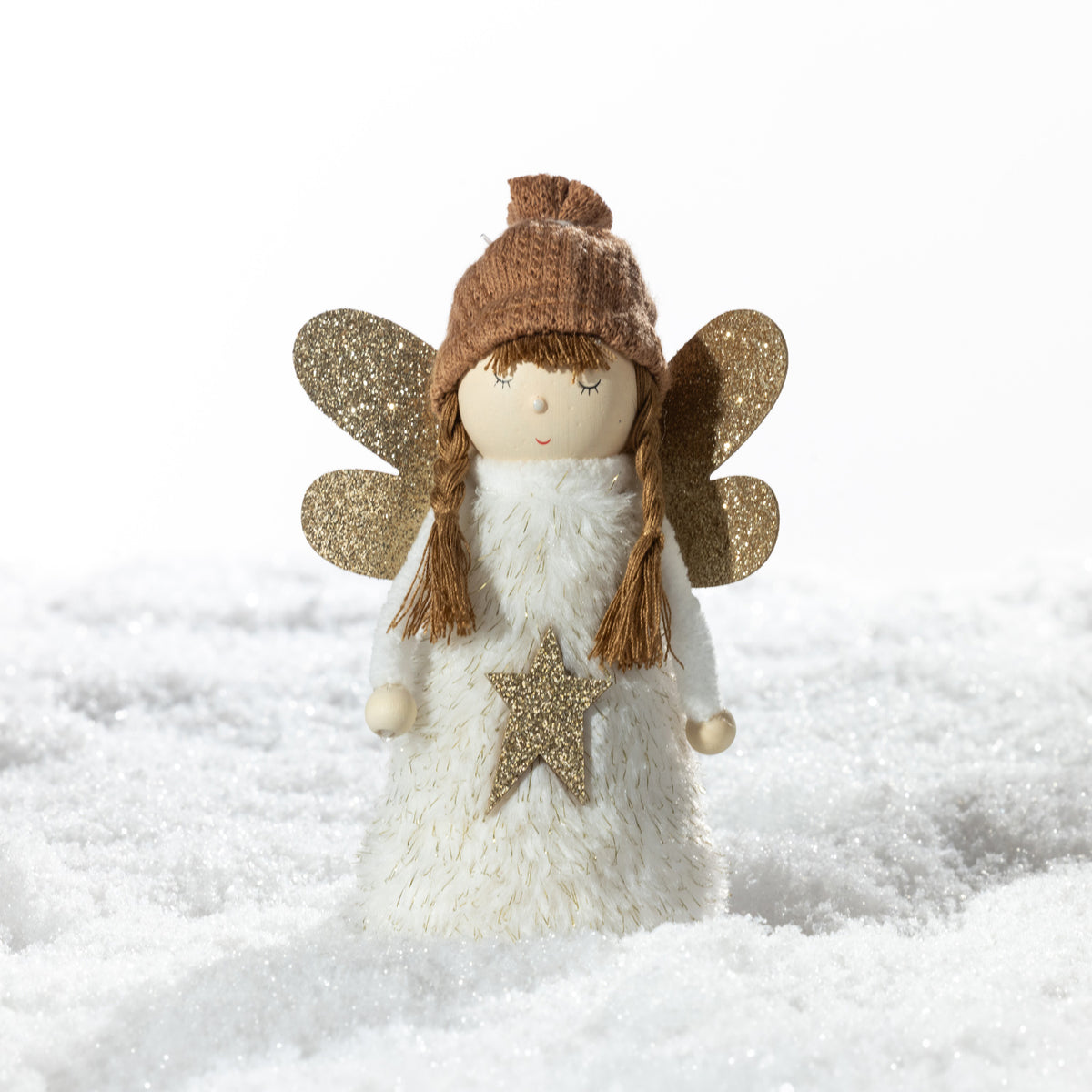 Christmas Wishes Angel Décor Fluffy Dress Large White – Large angel Christmas decoration with a soft white fluffy dress, brown knitted hat, braided hair, gold glitter wings and gold star detail.