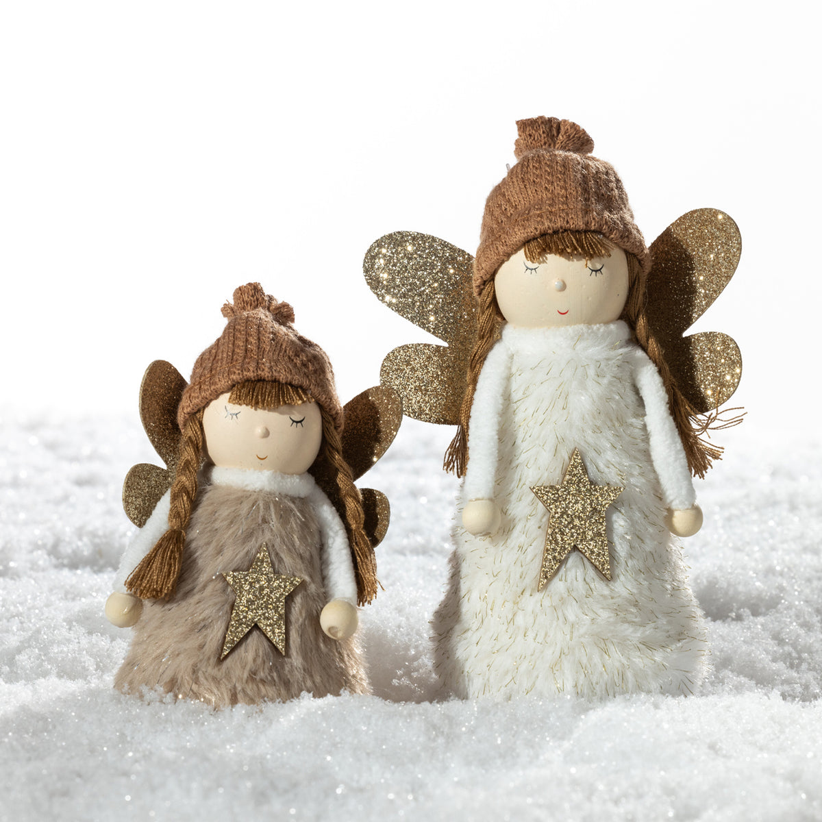 Christmas Wishes Angel Décor Fluffy Dress Small & Large – Small beige and large white angel Christmas decorations displayed together with coordinating gold glitter wings and star details.