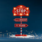 Christmas Wishes Santa Stop Here LED Sign – Red festive directional sign with illuminated “Santa Stop Here” display and arrows pointing towards Santa’s Workshop and Elf Village.