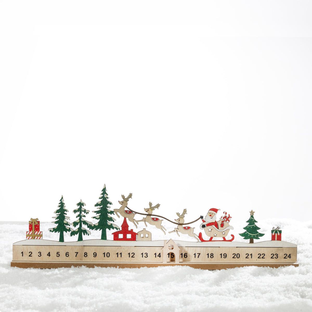 Christmas Wishes Santa’s Sleigh Countdown – Wooden Christmas countdown featuring Santa in his sleigh with reindeer, Christmas trees and numbered dates from 1 to 24 with a movable house marker.