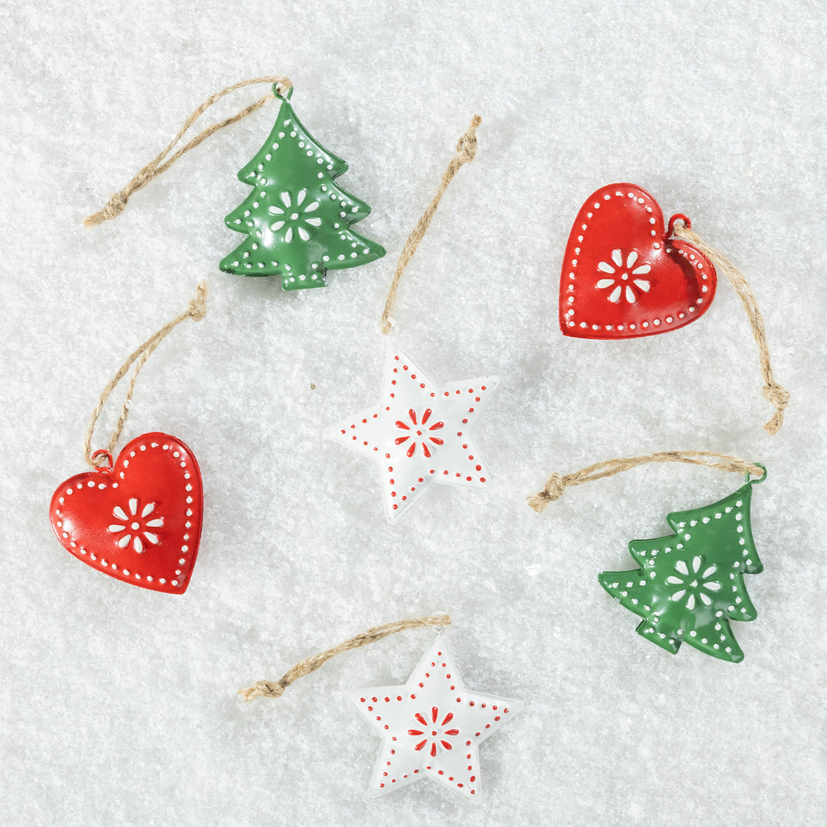 Christmas Wishes Metal Heart Star And Tree Set Of 6 Hanging Christmas Tree Decorations