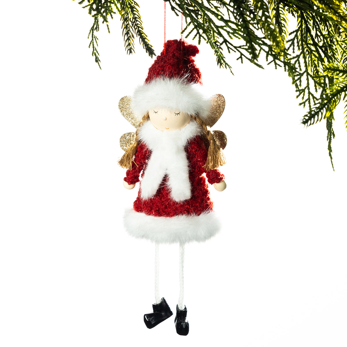 Christmas Wishes long leg red angel hanging Christmas tree decoration.