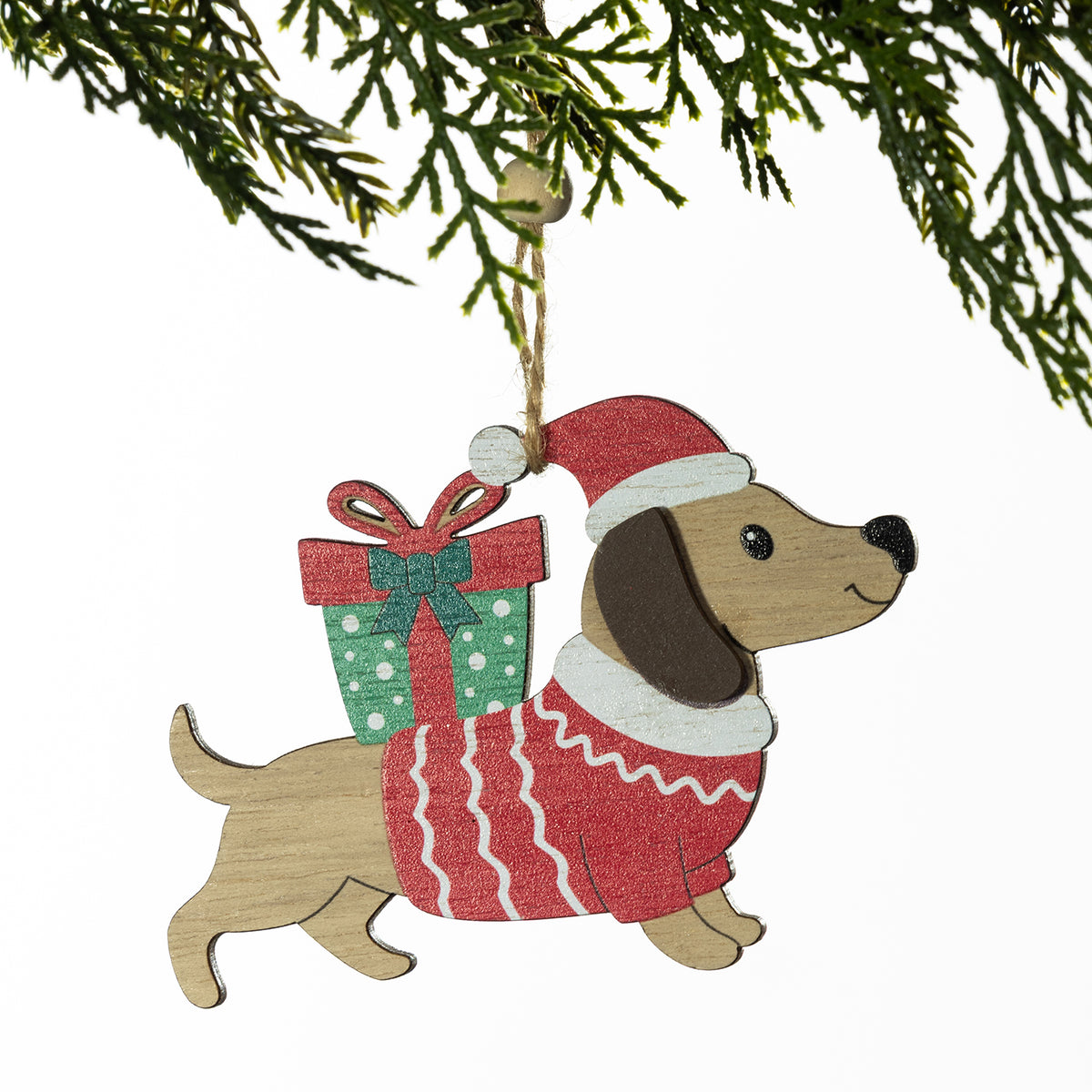 Christmas Wishes Wooden Dachshund Hanging Christmas Tree Decoration