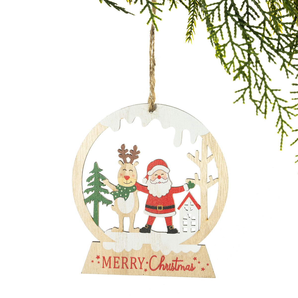 Christmas Wishes Wooden Merry Xmas Bauble With Santa Hanging Christmas Tree Decoration