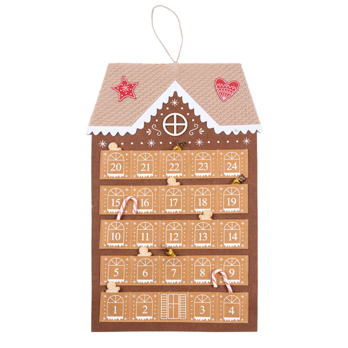 Christmas Wishes Gingerbread House Pocket Advent Calendar – Gingerbread house-shaped advent calendar with 24 numbered window pockets, festive detailing and a hanging loop.