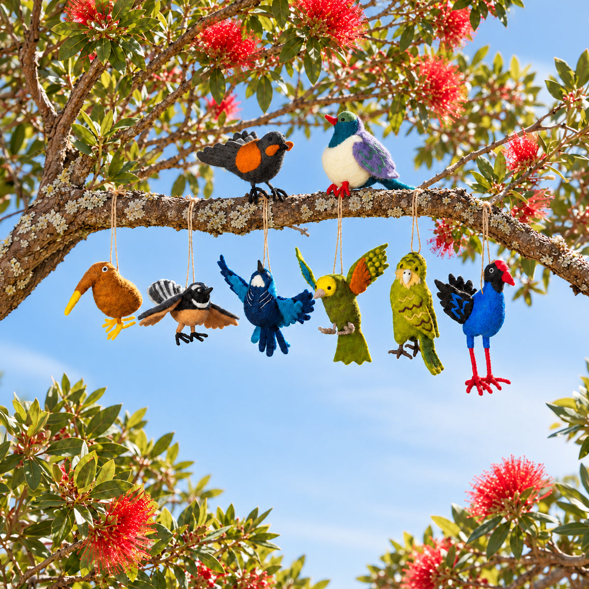 A set of New Zealand native felt bird ornaments hanging from a tree branch outdoors against a blue sky with red pohutukawa flowers. 