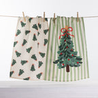 Christmas Wishes Christmas Tree tea towel 2 pack with cream mini Christmas tree print and green striped towel featuring a large decorated Christmas tree.