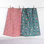 Christmas Wishes Chillin with Gnomies tea towel 2 pack with red and white striped towel and teal festive gnome print towel.