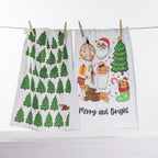 Christmas Wishes Merry & Bright tea towel 2 pack with Christmas tree print and colourful festive character design hanging on a line.