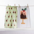Christmas Wishes Figgy Pudding tea towel 2 pack with green Christmas pudding print and cream striped towel featuring a large festive pudding design.