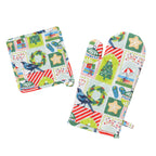 Christmas Wishes Kiwi Christmas oven glove and pot holder set featuring Christmas trees, native birds, wreaths, ornaments and red striped details.