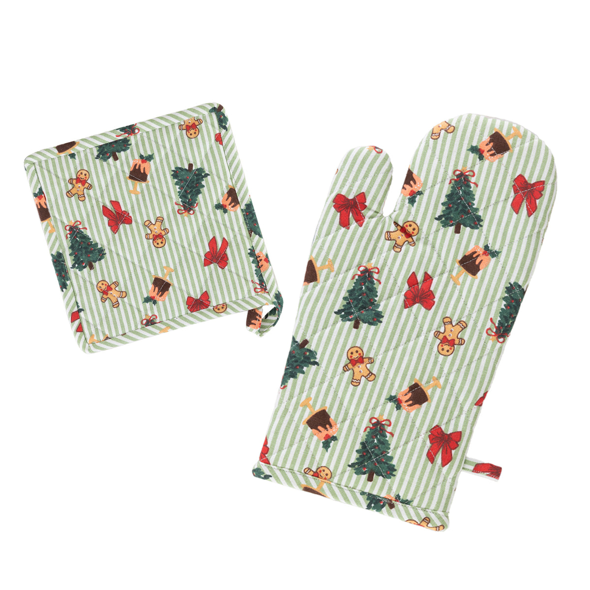 Christmas Wishes Classic Christmas oven glove and pot holder set shown together, featuring green and white stripes with Christmas trees, gingerbread people, red bows and puddings.