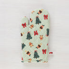 Christmas Wishes Classic Christmas oven glove shown individually, featuring quilted green striped fabric with festive Christmas motifs and a hanging loop.