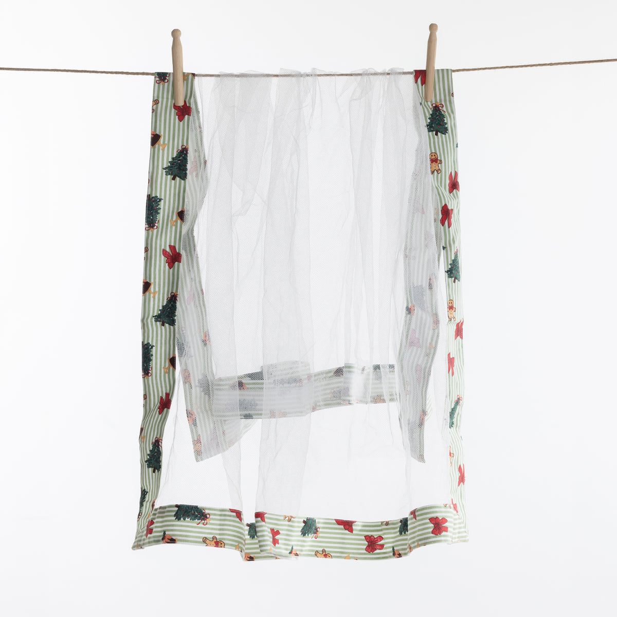 Christmas Wishes Classic Christmas Food Cover hanging against a white background, showing the white mesh body with patterned green striped edging.