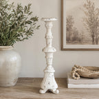 Gracious Living Lily Antique Candle Holder Small Antique White styled on a wooden console with neutral décor.