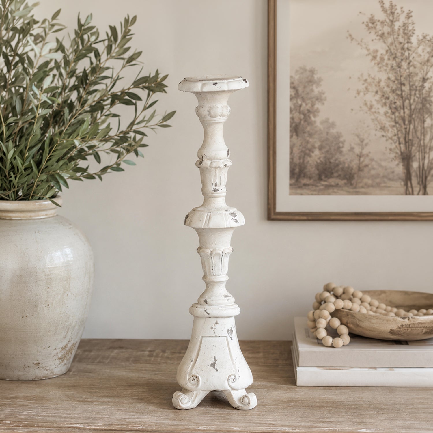 Gracious Living Lily Antique Candle Holder Small Antique White styled on a wooden console with neutral décor.