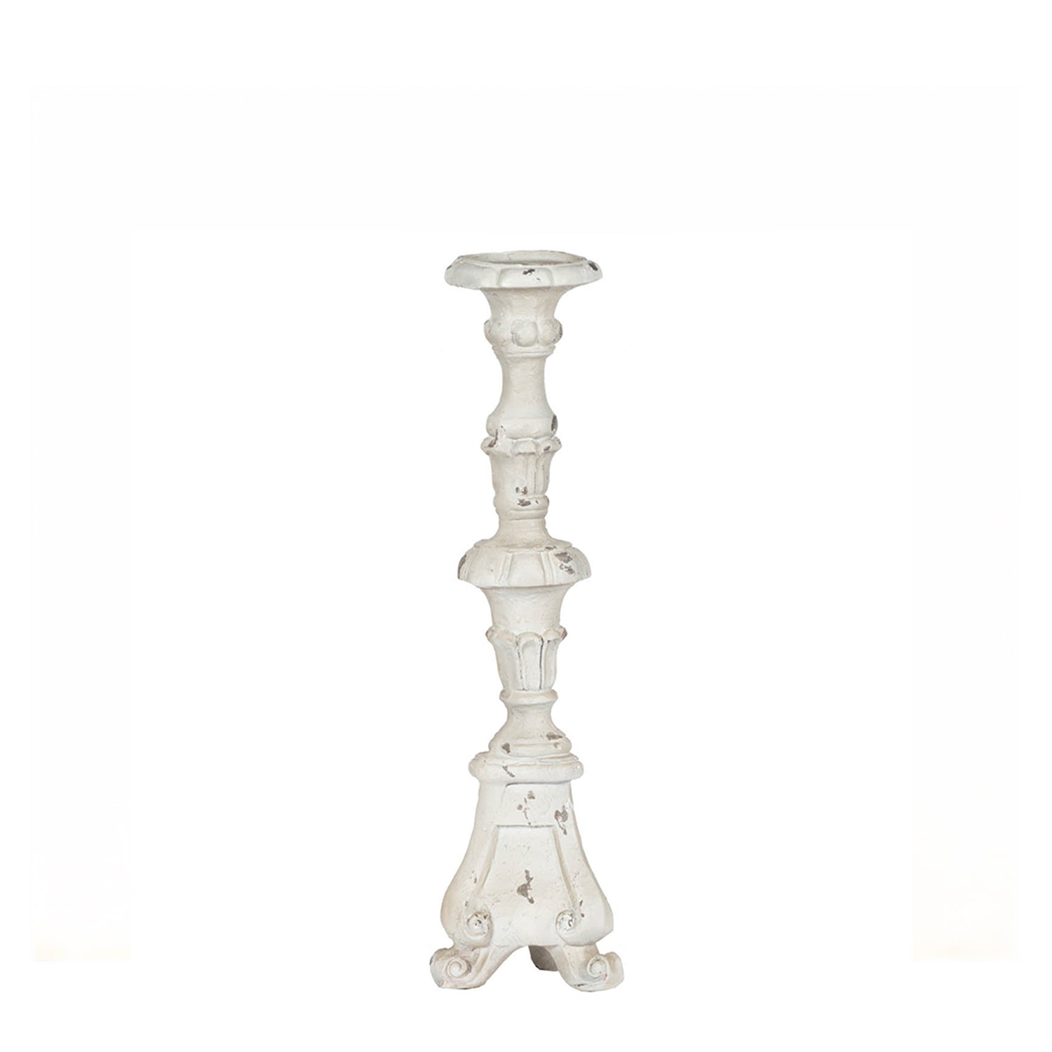 Gracious Living Lily Antique Candle Holder Small Antique White featuring an ornate carved design with a distressed antique white finish.