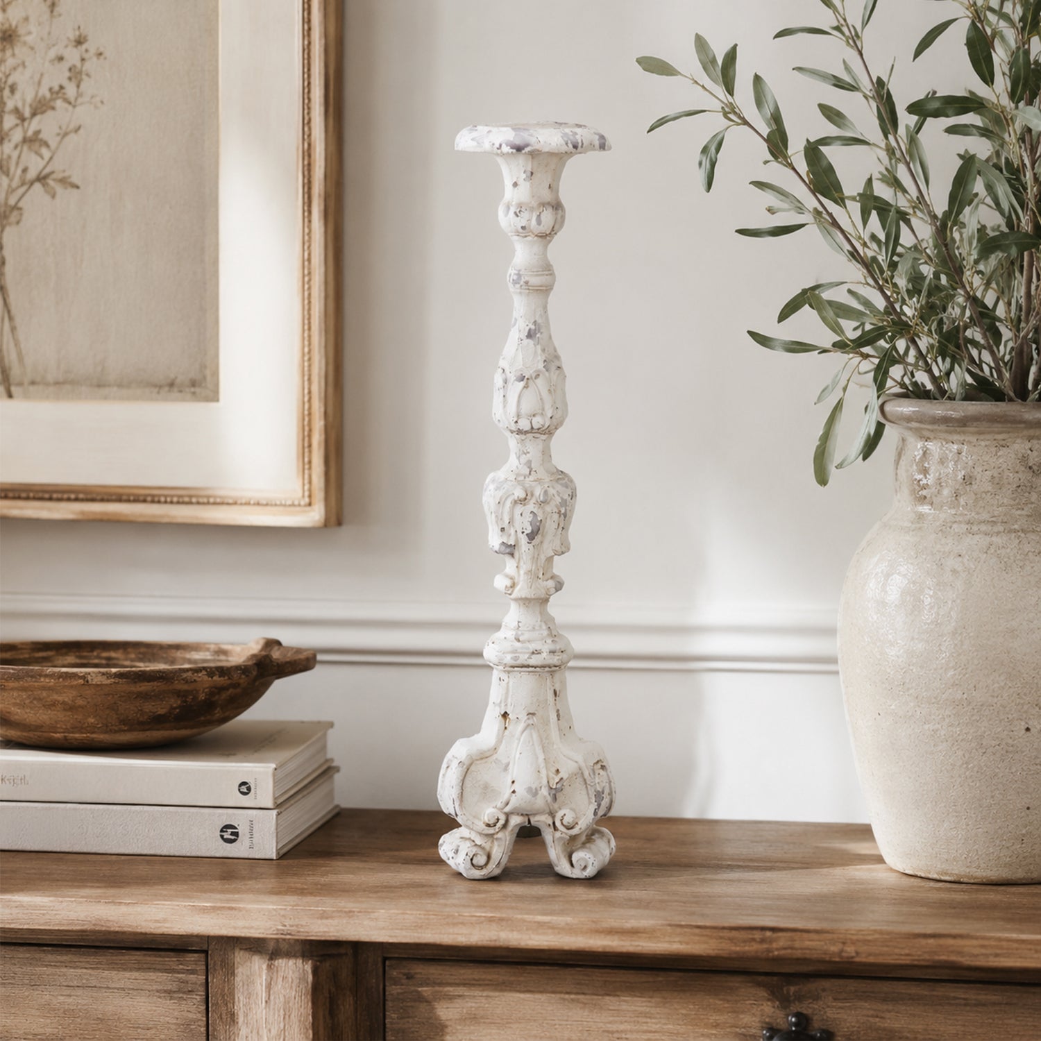 Gracious Living Lily Antique Candle Holder Large Antique White styled on a wooden console with neutral décor.