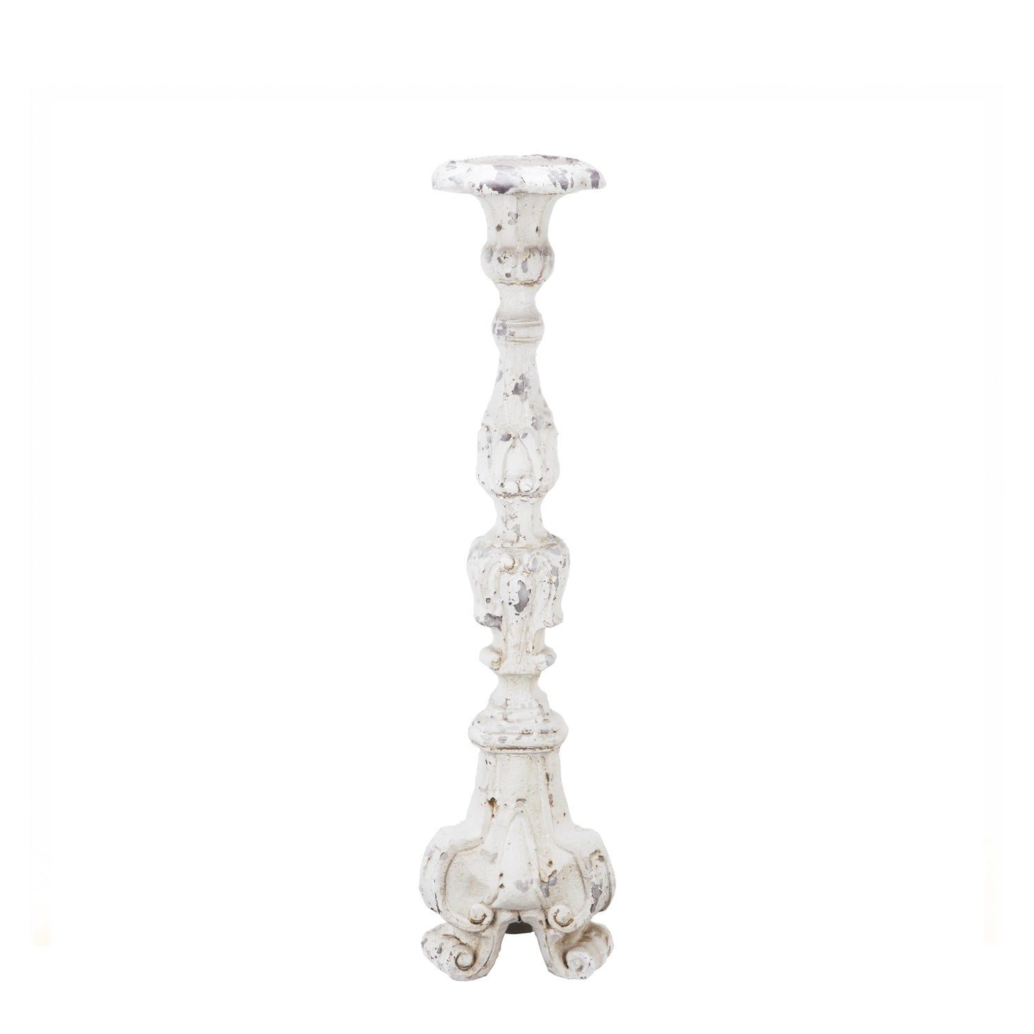 Gracious Living Lily Antique Candle Holder Large Antique White featuring an ornate carved design with a distressed antique white finish.