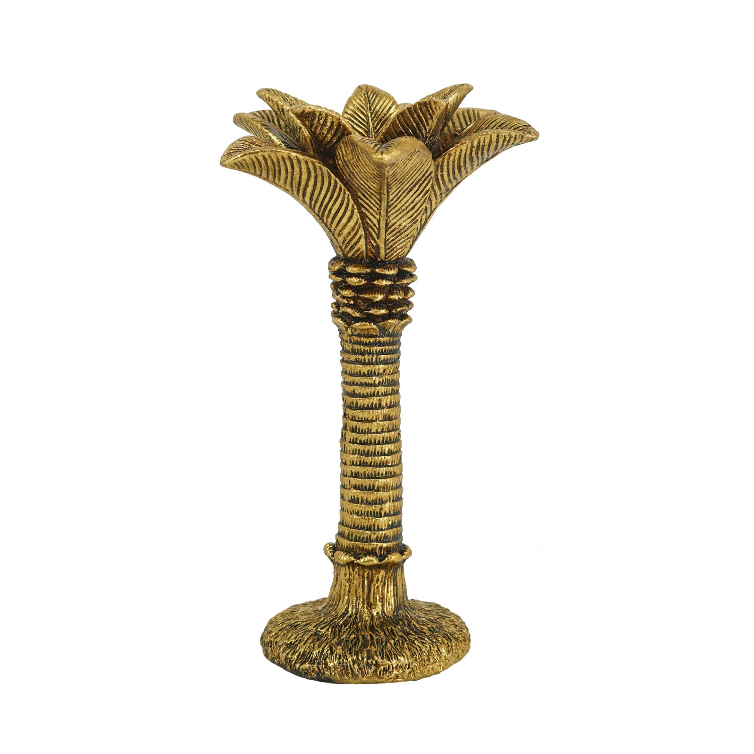 Design Republique Coconut Palm Taper Holder Gold featuring a textured palm tree design with a metallic gold finish.