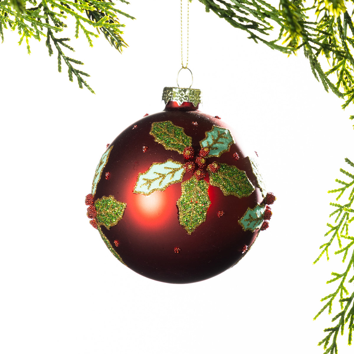 Christmas Wishes Holly Flower Glass Bauble