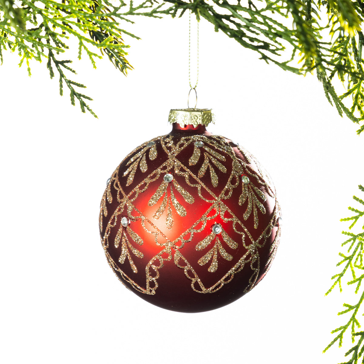 Christmas Wishes Red Flower Lace Glass Bauble