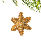 A gingerbread-coloured embroidered snowflake hanging decoration with white stitching, suspended from festive greenery against a white background.