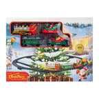 Christmas-themed train set in retail packaging, featuring a red and green festive train engine with snow-covered winter village scenery printed on the box front.